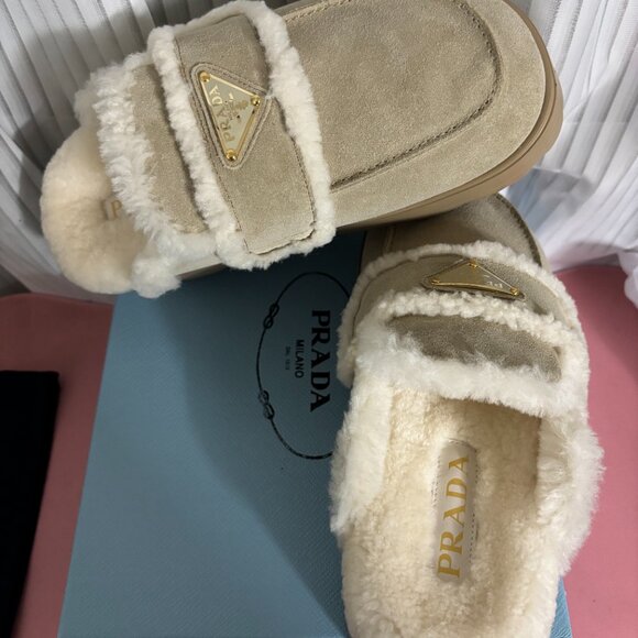 Prada Beige Suede Shearling Mules Size 39 - Picture 4 of 7